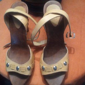 Dolce and Gabbana wooden platforms metal studded barely worn criss cross ankle s